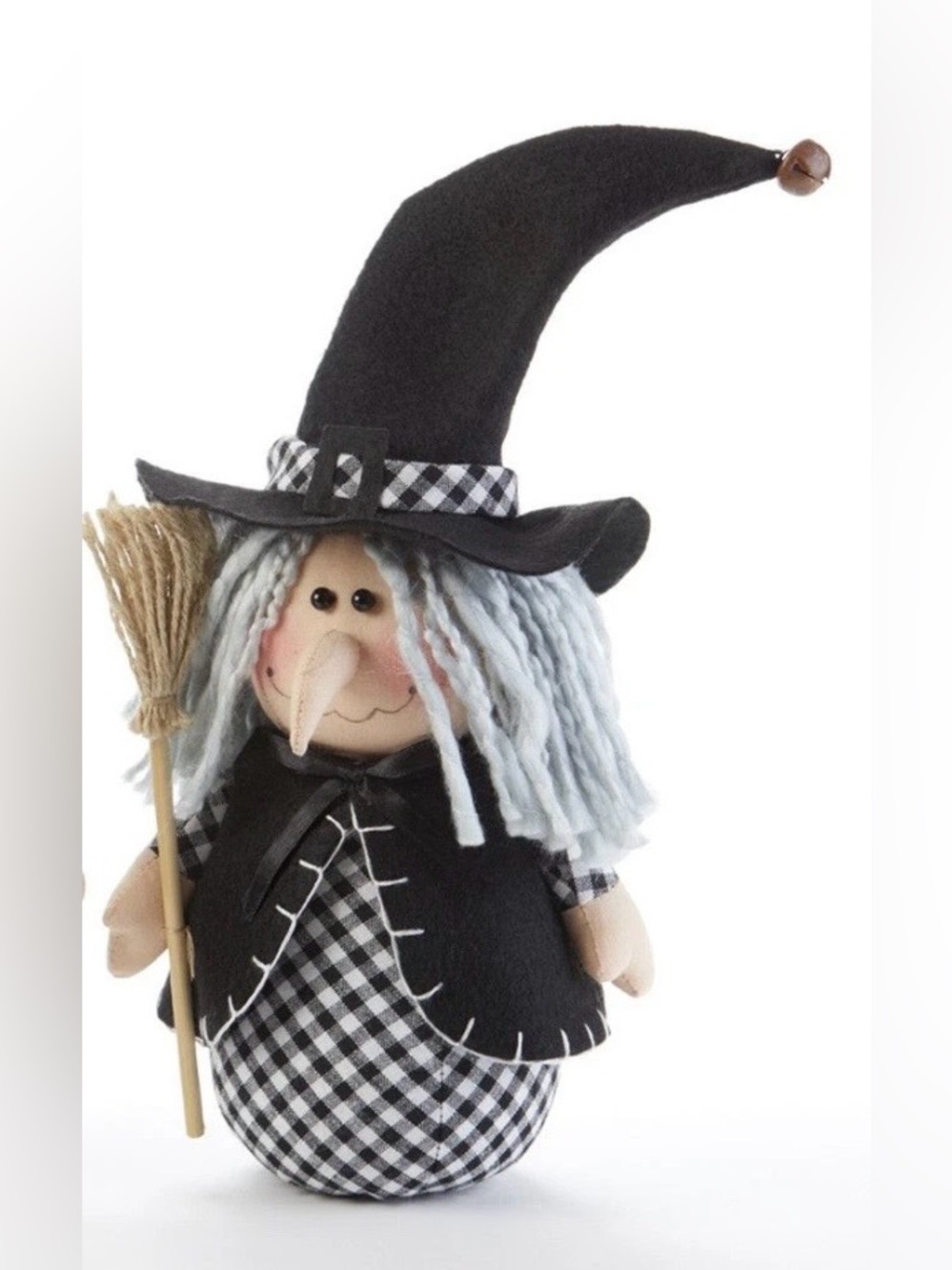 Witch Stump Doll w Broom in Black N White Halloween Decoration New